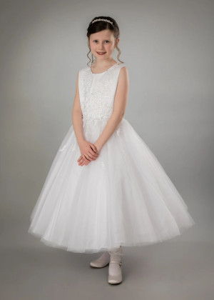 Beaded Ivory Lace Tulle Tea Length Sparkly Flower Girl Dress